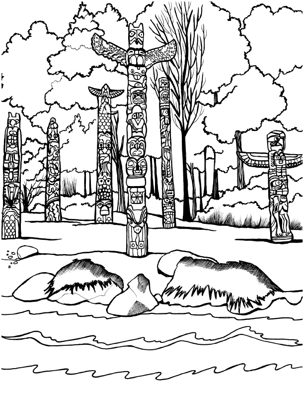 Line art coloring page featuring the Anthropology Museum in Vancouver, Canada, with prominently displayed intricately carved totem poles in the foreground. A tranquil river flows nearby, framed by winter trees and a softly overcast sky. Free coloring page by You-Color