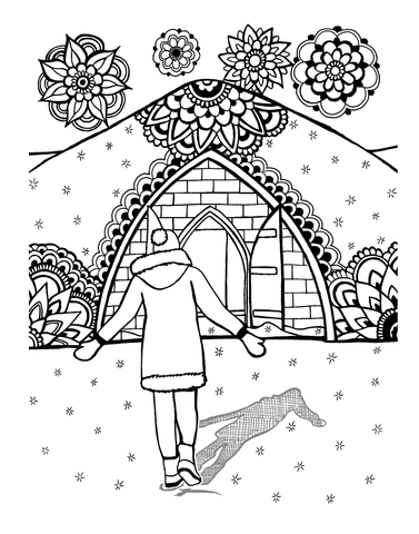 Black-and-white hand-drawn illustration of a person in a winter coat approaching the Ice Hotel in Quebec City. The icy arched entrance is surrounded by intricate mandala snowflake designs and falling snowflakes, symbolizing Quebec’s magical winter atmosphere. You-Color