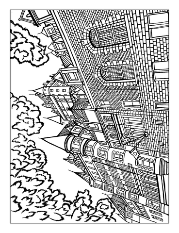 Black-and-white hand-drawn illustration of Quebec City’s Château Frontenac, showing detailed brickwork, arched windows, and the castle’s distinctive turrets. The image highlights the architectural elegance and historic grandeur of Old Quebec’s most iconic hotel, surrounded by leafy trees at its base. You-Color