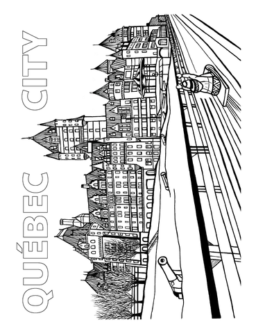 Black-and-white hand-drawn illustration of Quebec City’s Dufferin Terrace with the Château Frontenac in the background. The image shows the wooden boardwalk, telescopes, and a person enjoying the panoramic view over Old Quebec, with the word “Québec City” written in bold letters on the side. You-Color