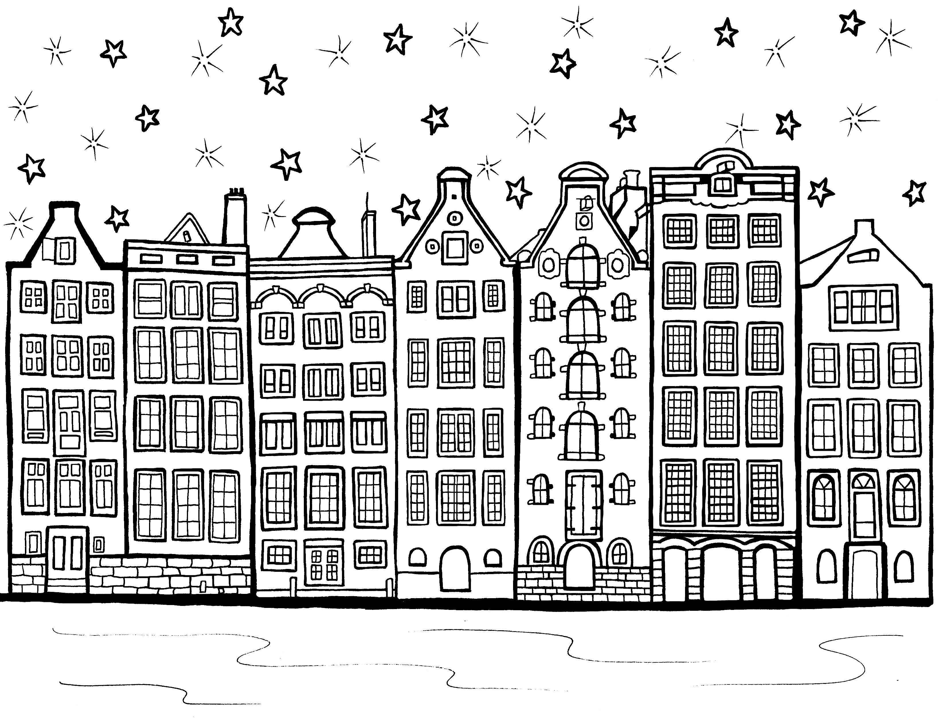 Detailed black and white coloring page depicting a charming row of Amsterdam's iconic narrow houses with their distinctive gabled facades, set along a serene canal. Above the houses, a whimsical array of stars twinkles in the sky, suggesting a peaceful night scene. The image invites colorists to add their hues to the historic architecture and tranquil waters, bringing to life the essence of a quiet evening in Amsterdam. Free coloring page :: You-Color