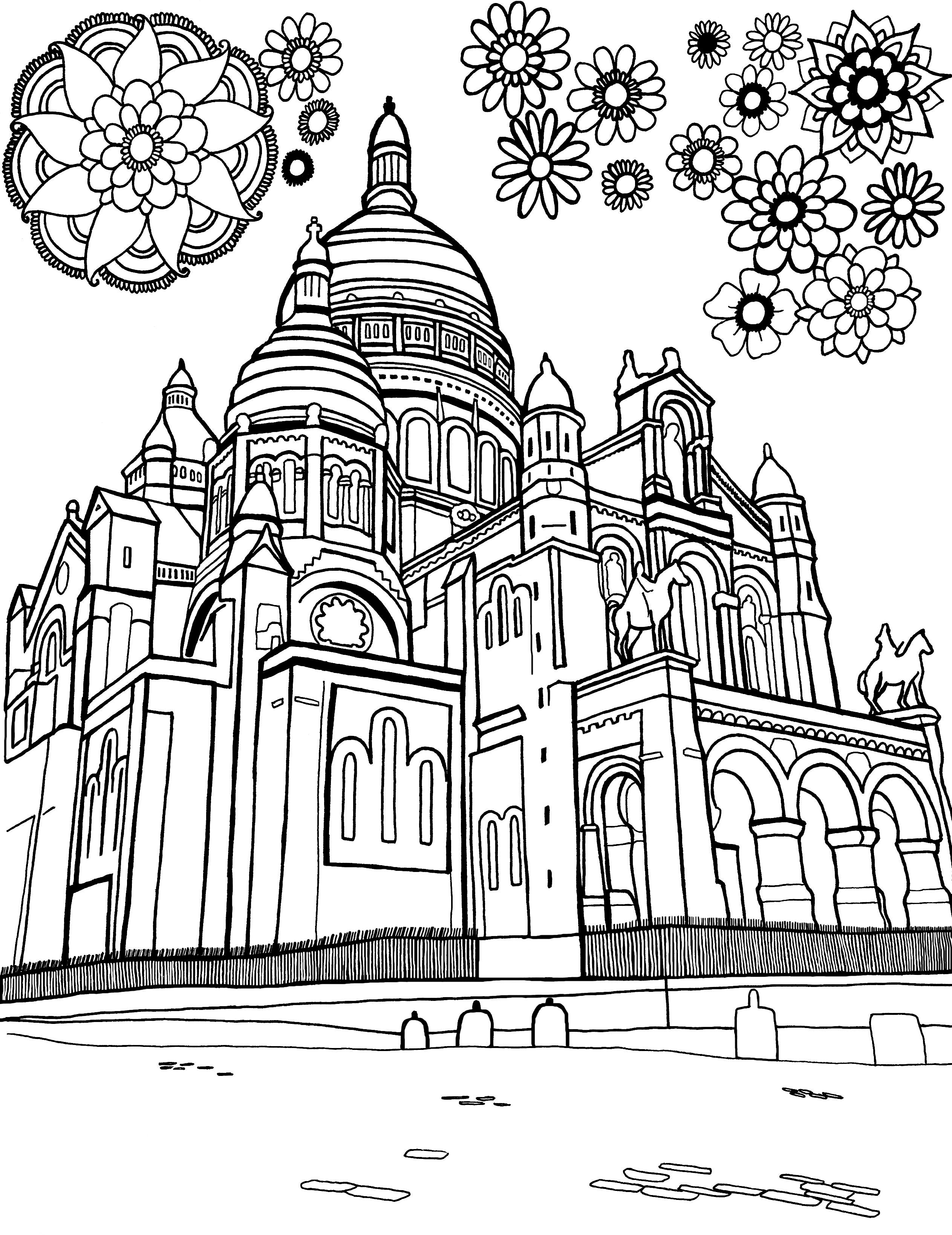 detailed coloring page presenting the iconic Sacré-Cœur Basilica located in Paris, France, with its domes and architectural details clearly outlined against a backdrop of decorative flowers. The image captures the grandeur and romantic essence of this historic Montmartre landmark, inviting coloring enthusiasts to add their own palette of colors to this scene, enhancing its beauty and charm. Free coloring page :: You-Color