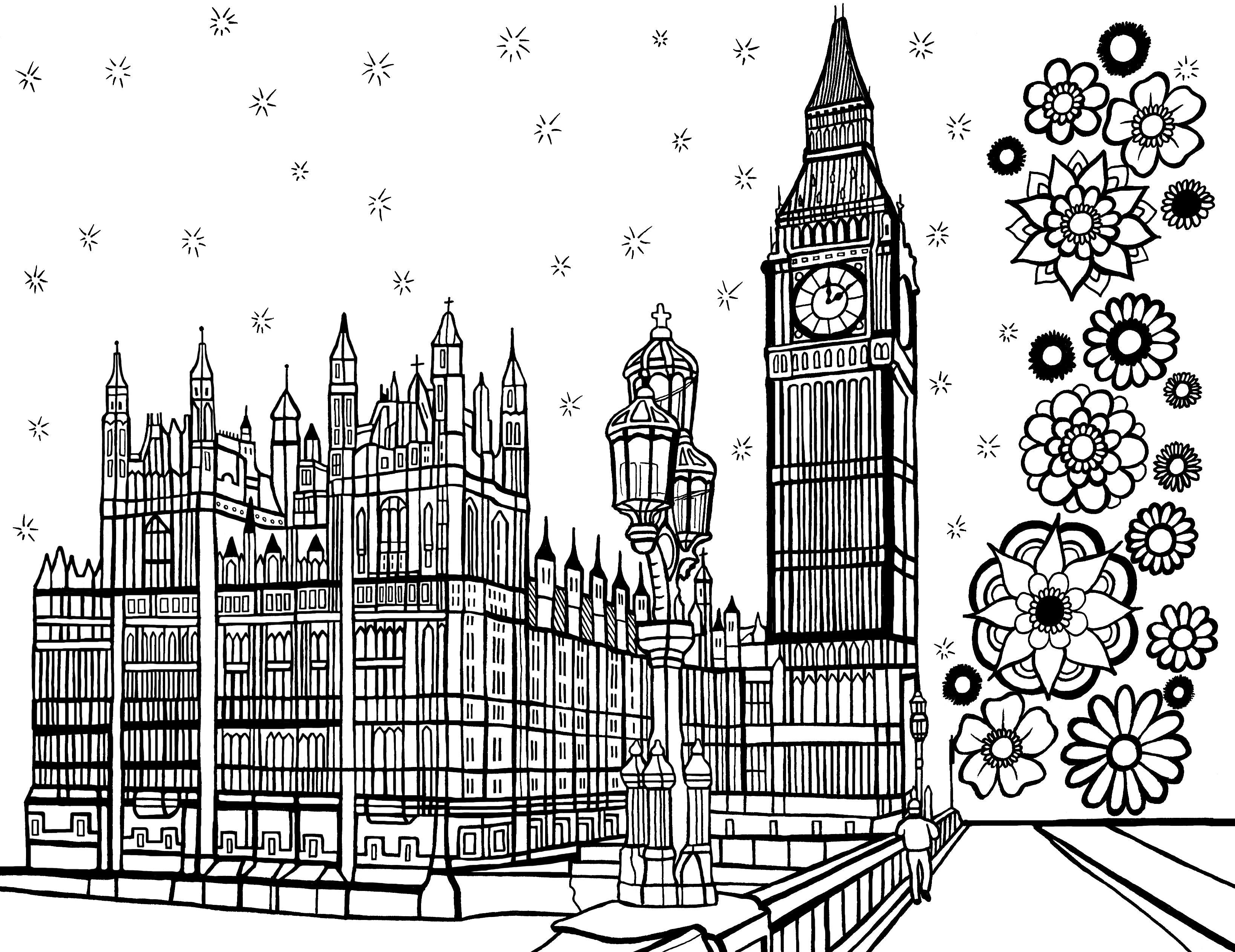 Line drawing coloring page presenting a detailed view of the iconic Big Ben and the Houses of Parliament in London, England. The illustration captures the intricate Gothic Revival architecture, with the towering clock tower standing prominently beside the ornate parliamentary buildings. The composition is framed by a whimsical arrangement of flowers on the right side and snowflake-like stars sprinkled across the top, suggesting a festive or winter season. Free coloring page :: You-Color