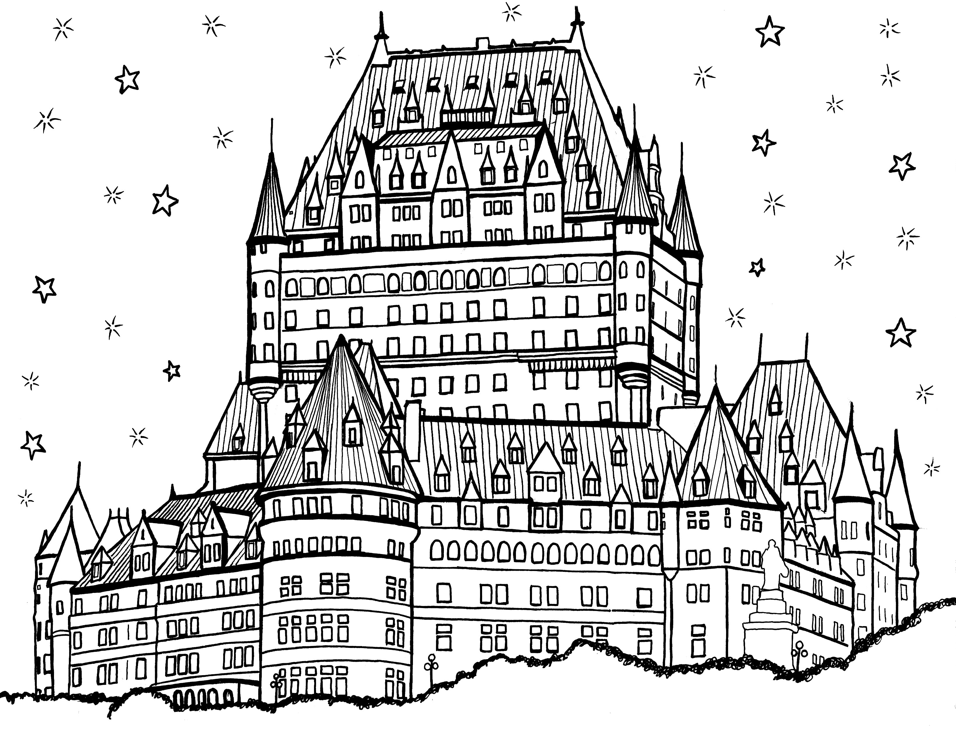 Intricate black and white line illustration of the historic Château Frontenac in Quebec City, perfect for coloring. Set beneath a starry night sky, the drawing highlights the hotel's iconic châteauesque architecture, featuring gabled roofs, elegant turrets, and detailed facades. A captivating invitation to add your creative touch. Free coloring page :: You-Color.