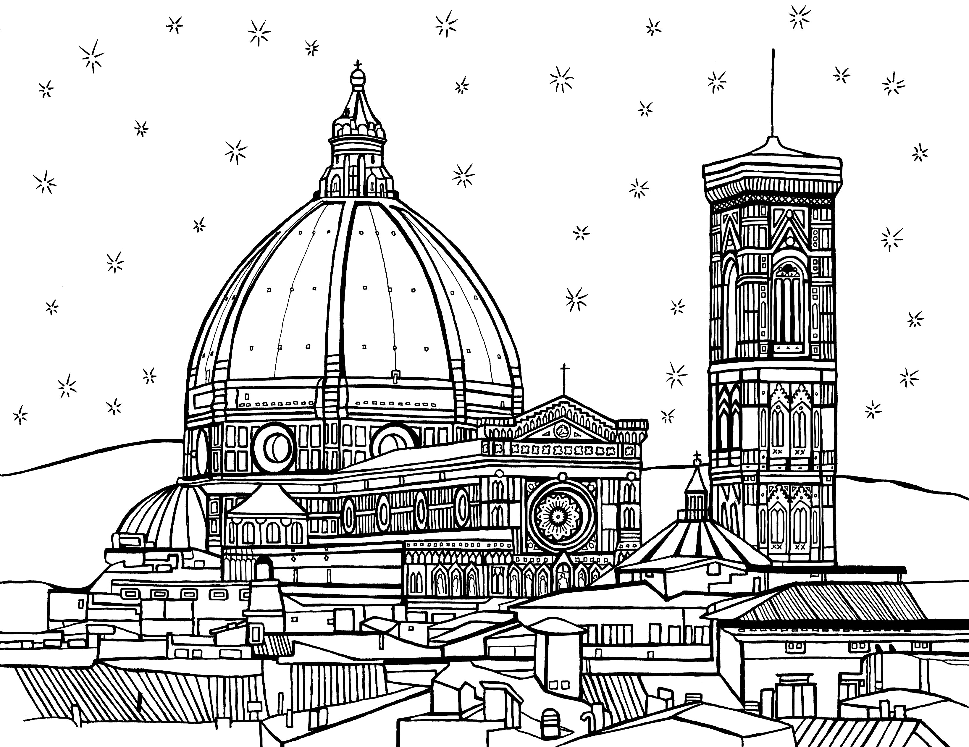 Free printable Florence Cathedral coloring page featuring Santa Maria del Fiore, Brunelleschi’s Dome and Giotto’s Bell Tower: You-Color