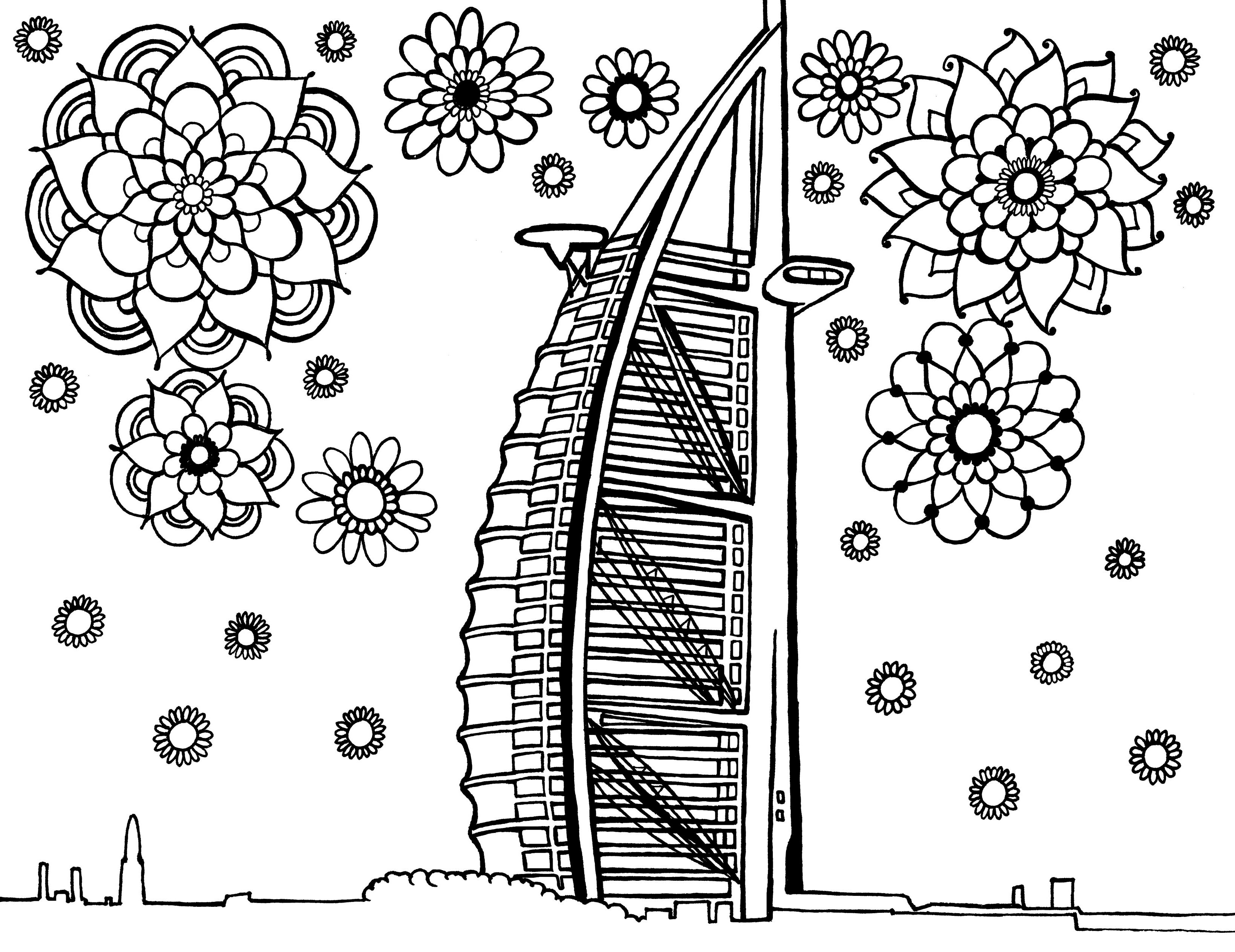 Free printable Burj Al Arab Dubai coloring page featuring the sail-shaped hotel surrounded by decorative flowers: You-Color