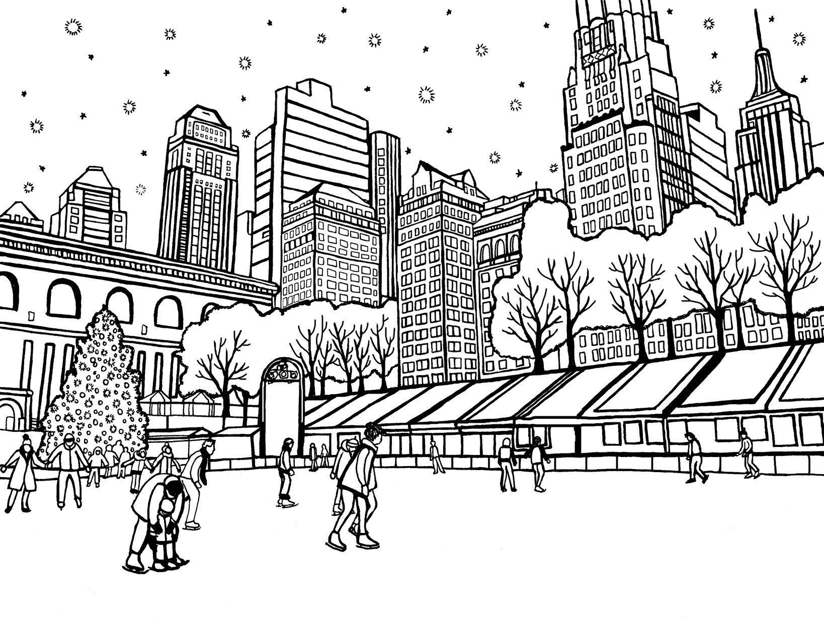 Free printable Rockefeller Center Christmas coloring page with ice skaters, Christmas tree and New York skyline: You-Color