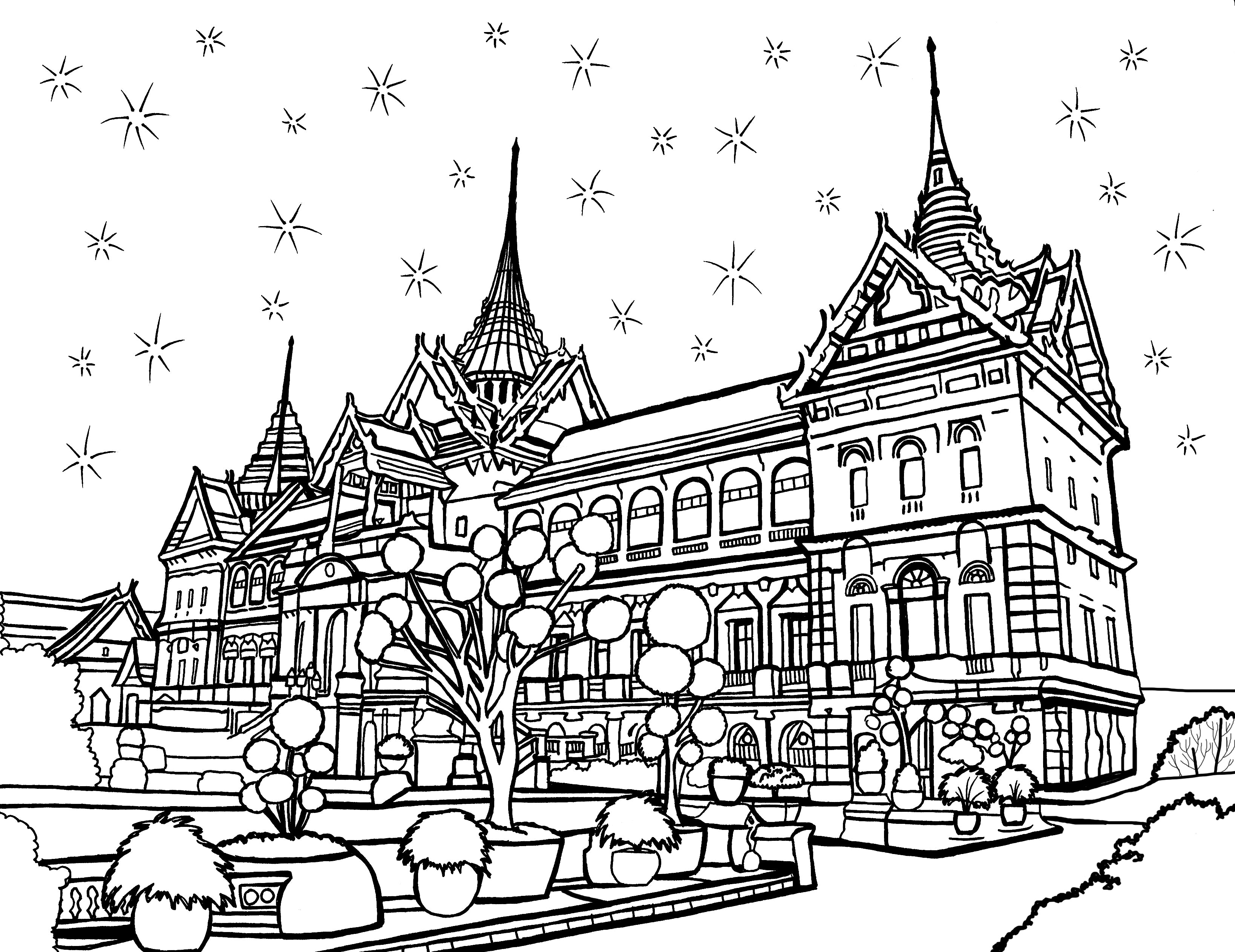 Free printable Grand Palace Bangkok coloring page featuring the ornate Chakri Maha Prasat Hall in Thailand: You-Color