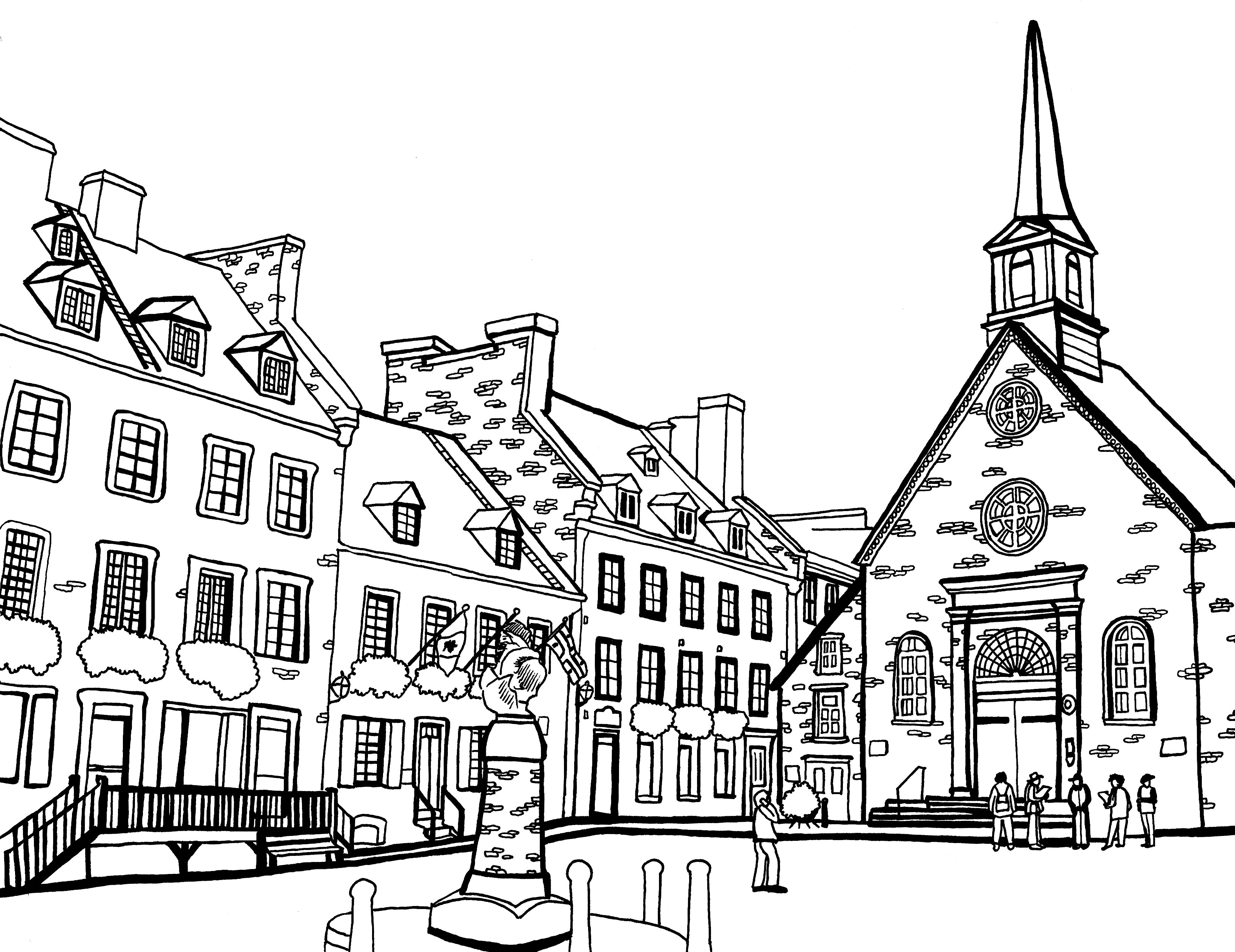 Free printable Notre-Dame-des-Victoires Church coloring page featuring Place-Royale in Old Québec City: You-Color