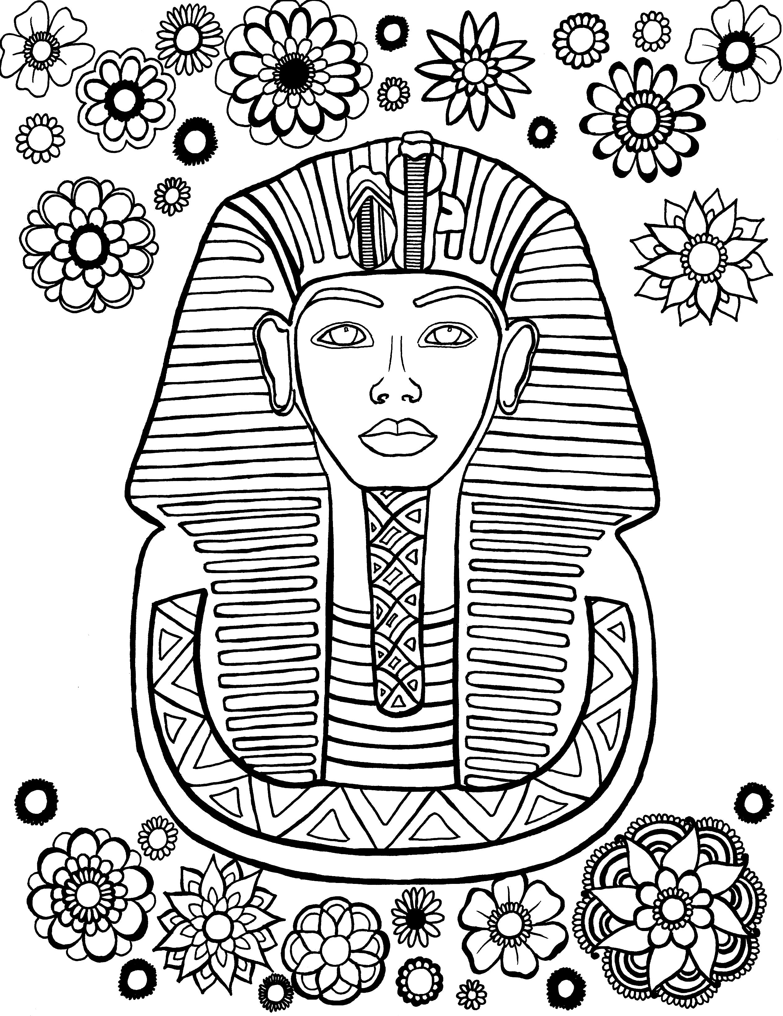 A black and white coloring page depicting a stylized illustration of the iconic funerary mask of King Tutankhamun, also known as King Tut. The image captures the detailed craftsmanship of the mask with its ceremonial headdress and traditional Egyptian motifs, set against a backdrop of assorted flowers and geometric patterns symbolizing the rich floral diversity and the structured beauty of ancient Egyptian art. Free coloring page :: You-Color