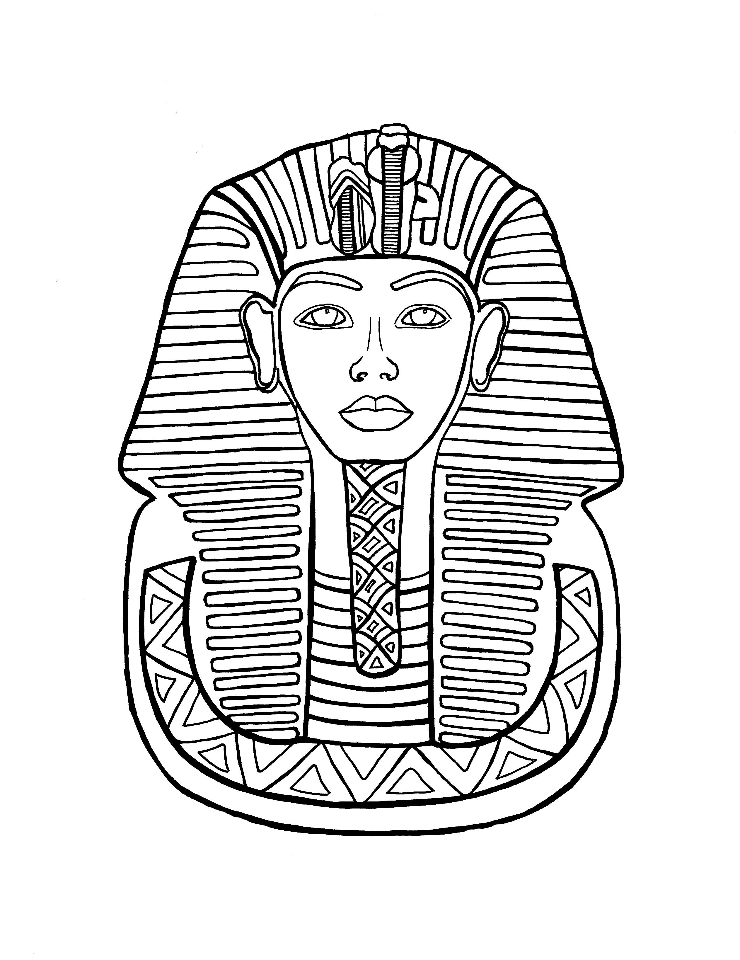 An intricate coloring page showcases a stylized depiction of the famous golden mask of King Tut. The mask is detailed with symmetrical lines and traditional patterns synonymous with ancient Egyptian art. The facial features of the mask are calm and symmetrical, with eyes gazing forward, a symbol of regal eternity. This page offers an educational and interactive way to engage with one of Egypt's most legendary historical figures and the rich art history of his era.. Free coloring page :: You-Color
