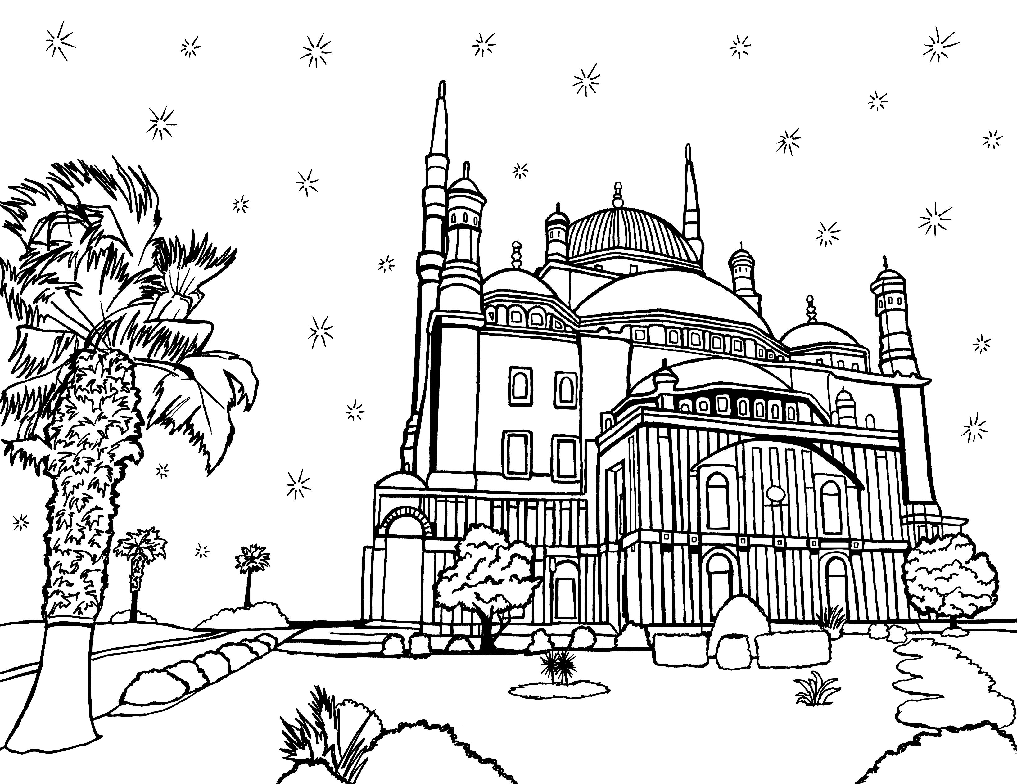 A detailed black and white coloring page depicting the Mosque of Muhammad Ali, also known as the Alabaster Mosque, situated on the Citadel of Cairo, Egypt. The illustration presents a panoramic view of the mosque with its towering minarets, ornate domes, and arched windows. Palm trees sway gently in the foreground, adding a serene natural element to the scene. This intricate line art invites adults to engage in coloring for relaxation and cultural exploration. Free coloring page :: You-Color