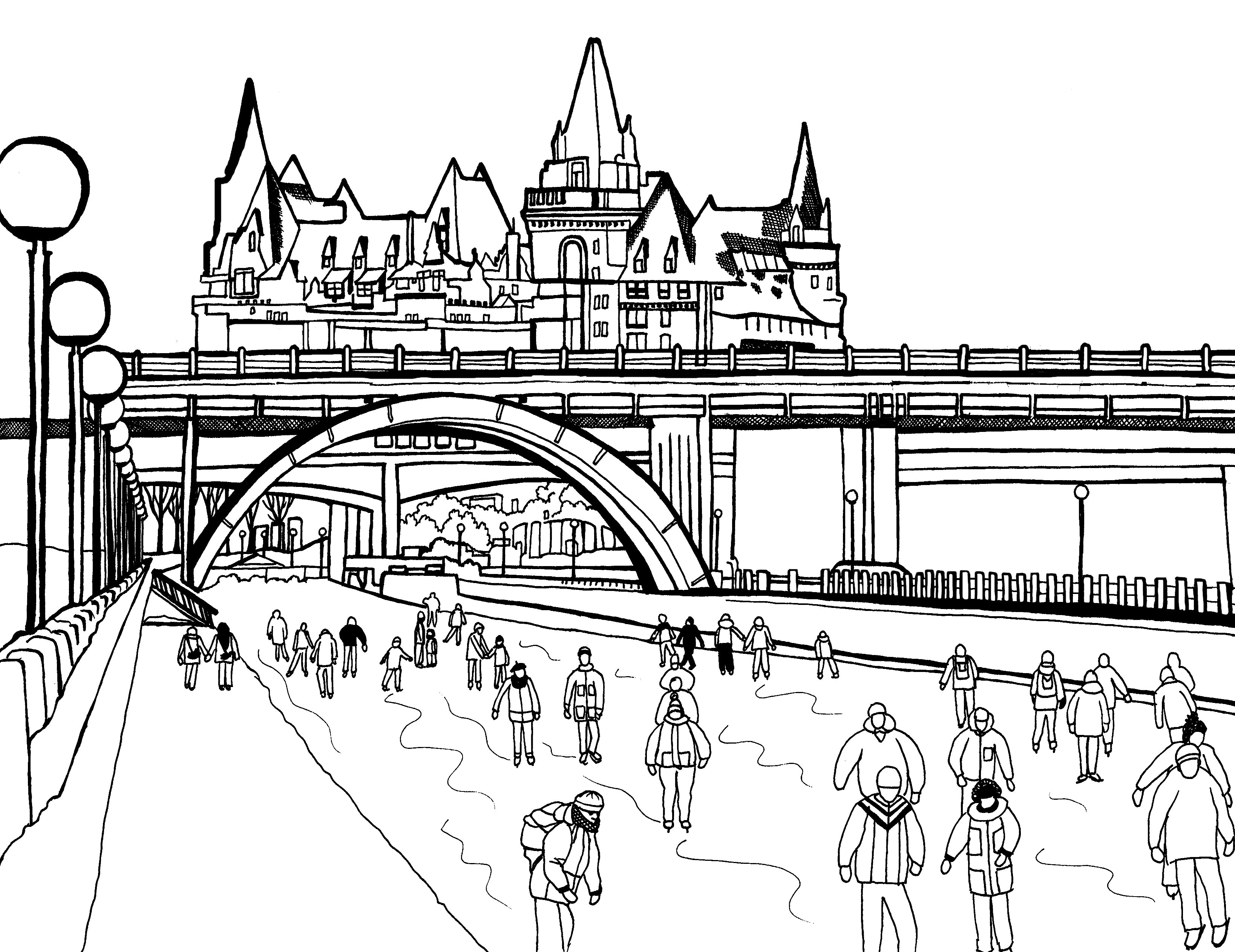 Black and white coloring page depicting a lively scene at the Rideau Canal in Ottawa, Ontario, Canada, with detailed outlines of pedestrians, skaters, and the historic architecture of the Château Laurier in the background. The image captures the essence of a bustling winter day along the canal, inviting users to add color and bring the scene to life, perfect for those who enjoy coloring landmarks and urban life. Free coloring page :: You-Color