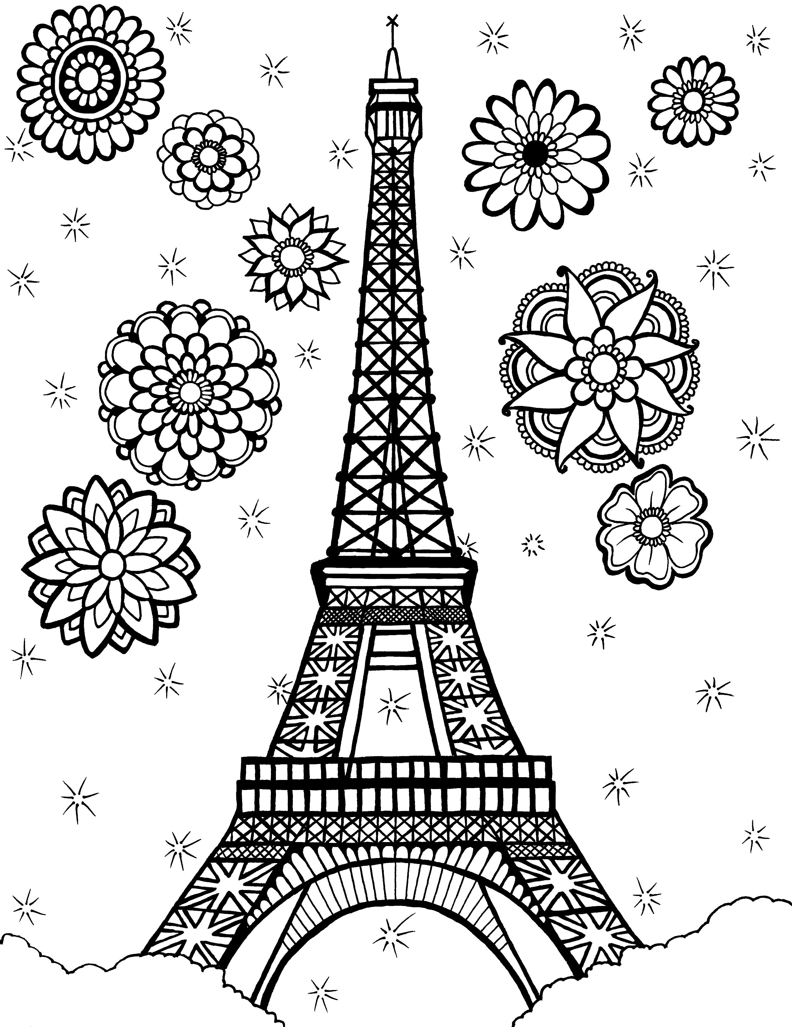 Line drawing of the Eiffel Tower surrounded by decorative flowers and twinkling stars, designed for an adult coloring page. The illustration captures the iconic Parisian landmark with its intricate lattice metalwork, set against a backdrop of whimsical floral patterns and celestial motifs. Free coloring page :: You-Color