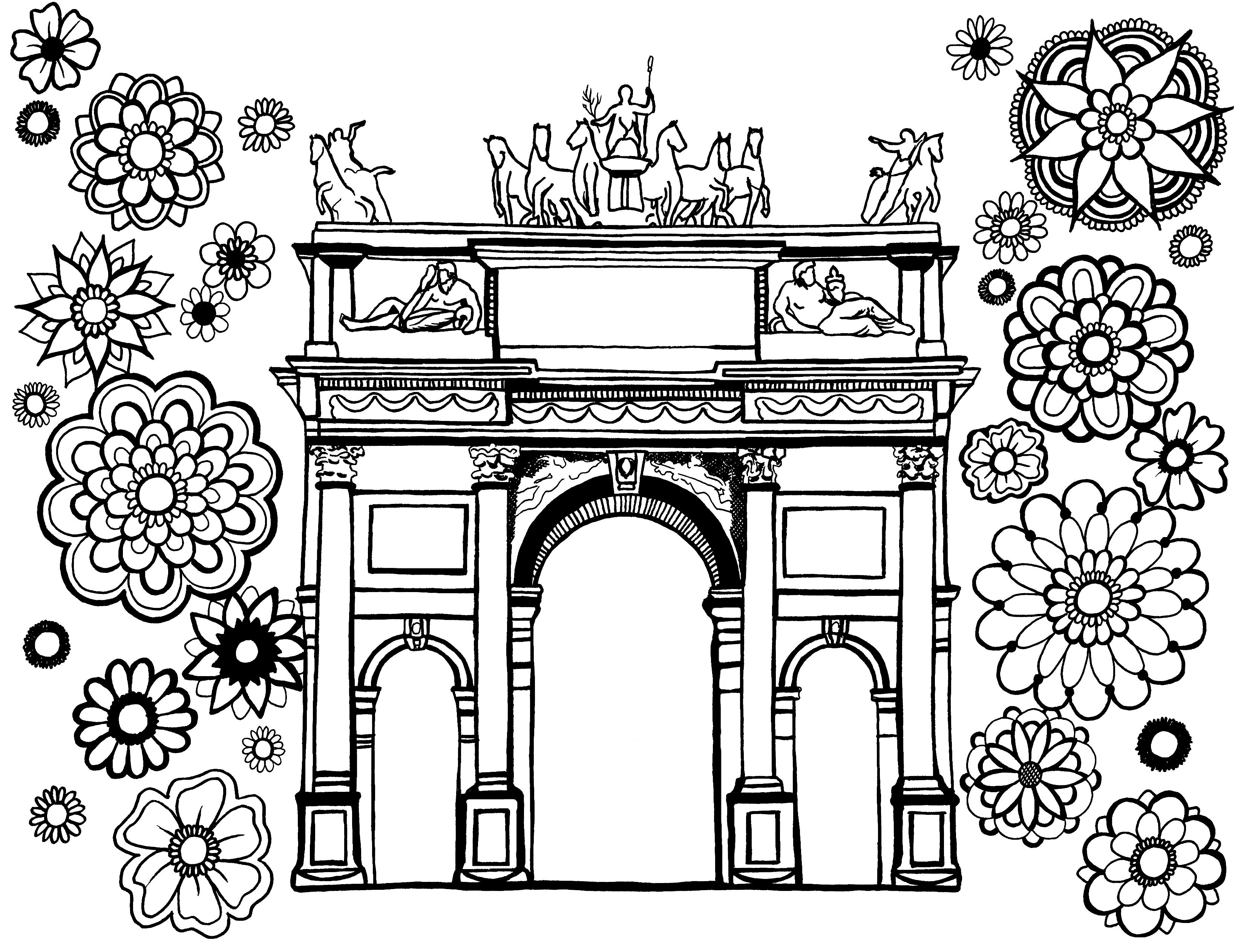 Detailed coloring page featuring the Porta Sempione in Milan, Italy. The foreground is filled by a diverse collection of floral mandala patterns to color. The arch's neoclassical style, includes detailed sculptures and columns. This illustration artfully combines architectural elegance with the therapeutic patterns of mandalas, perfect for adult coloring enthusiasts interested in cultural landmarks and relaxation through art. Free coloring page :: You-Color