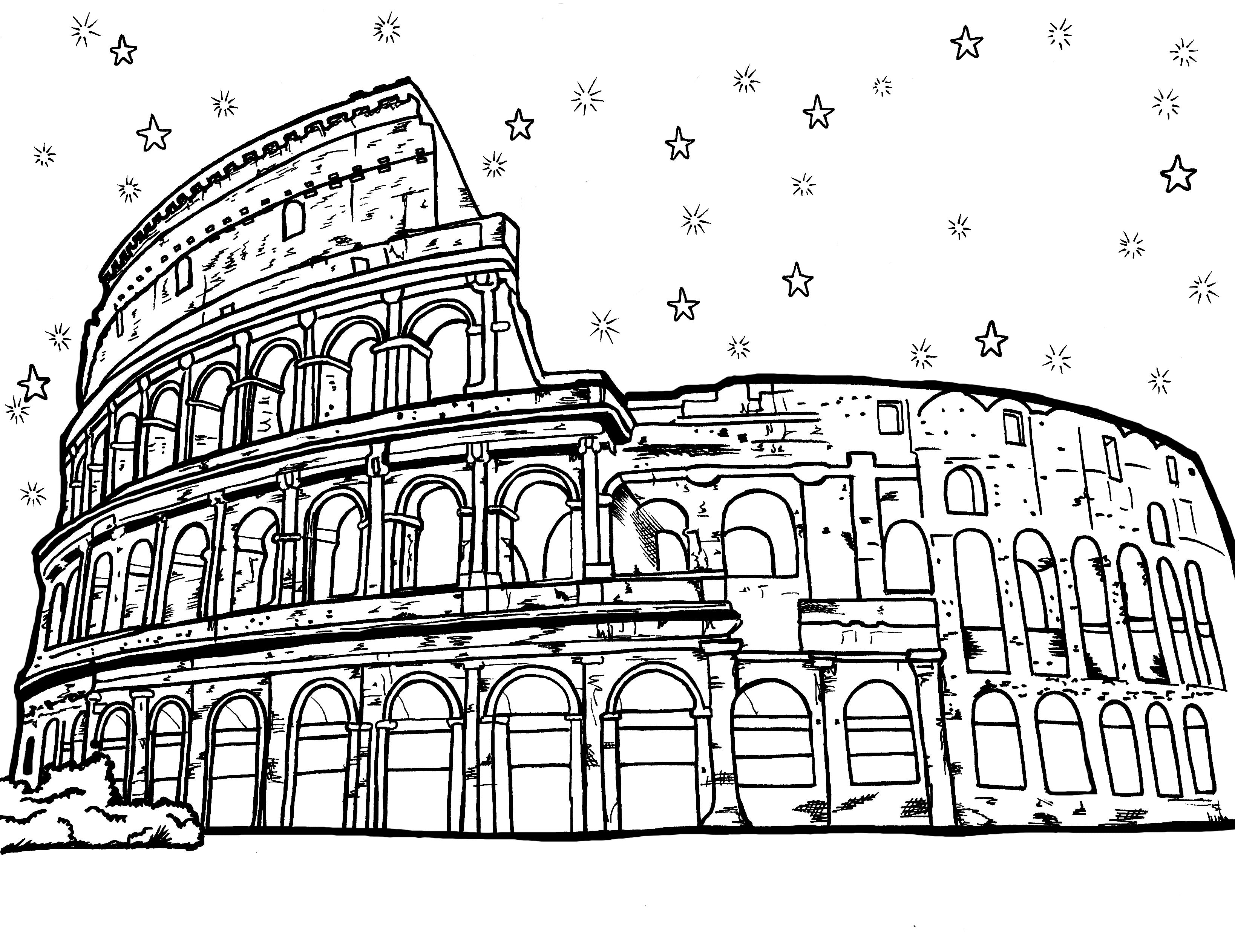 Black and white coloring page featuring a detailed illustration of the Colosseum in Rome, Italy, presented in a bold, graphic style. The historic amphitheater's iconic arches, tiers, and partial ruins are rendered with clear lines and shading for depth, set against a background of twinkling stars. This image is designed to inspire creativity and relaxation through coloring, while providing a connection to the ancient world. Free coloring page :: You-Color
