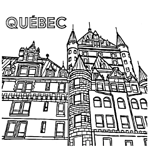 Black-and-white coloring illustration of Château Frontenac’s turrets, towers and ornate architecture in Québec City.