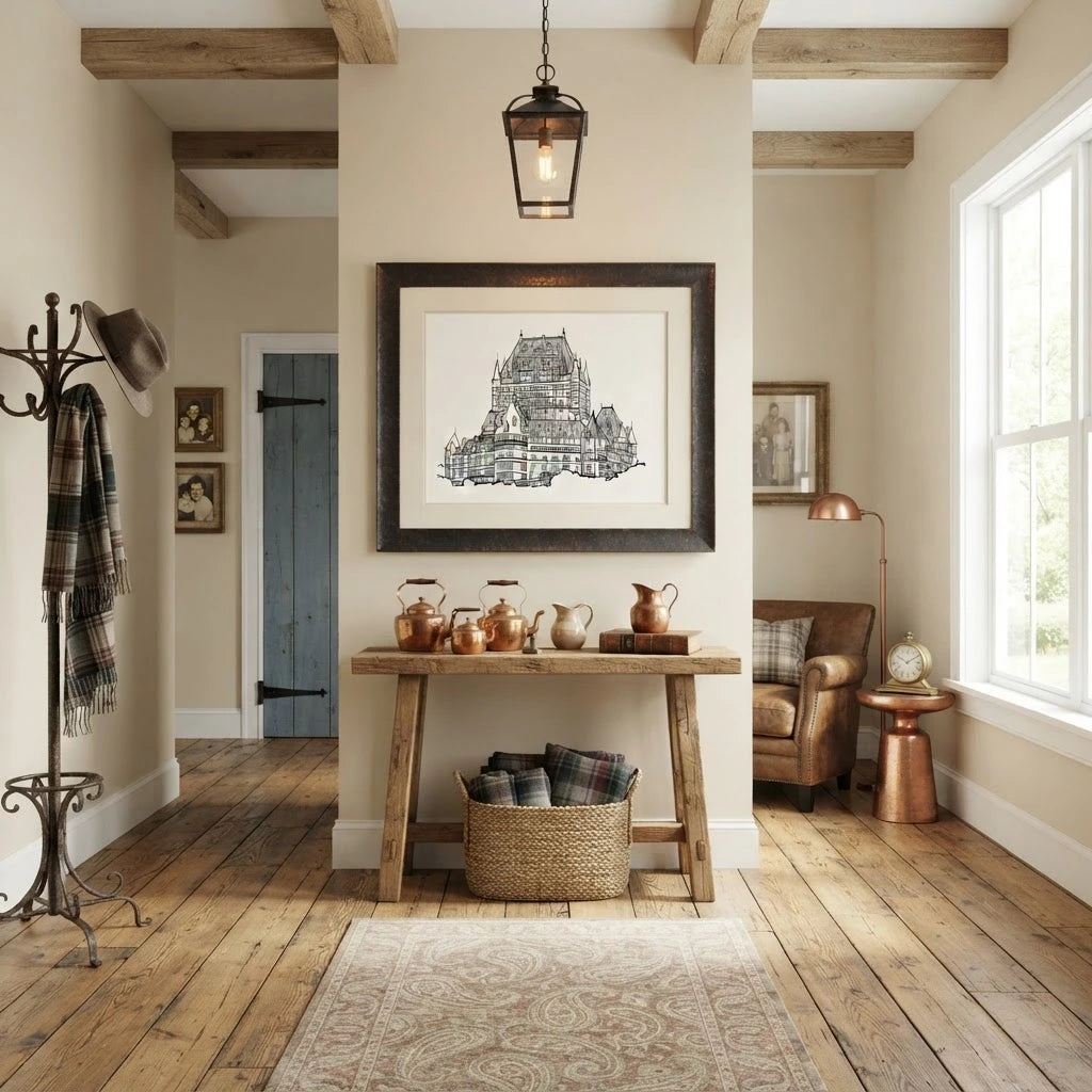 A framed black and white architectural sketch of a castle or manor house hangs on a beige wall in a rustic, well-lit entryway with wood floors, a wooden console table, and decorative pottery.