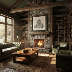 A cozy, rustic living room with a stone fireplace, dark wood bookshelves, a green leather sofa, matching armchair, and a wooden coffee table. A framed black-and-white architectural drawing hangs above the fireplace.