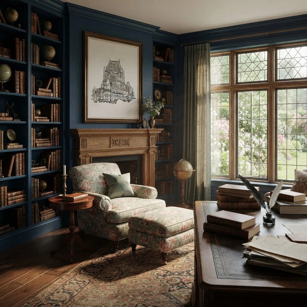 A beautifully styled study with deep blue walls, a floral armchair and matching ottoman, a wooden fireplace with a framed architectural print, and a large window looking out onto a garden.