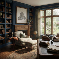 A beautifully styled study with deep blue walls, a floral armchair and matching ottoman, a wooden fireplace with a framed architectural print, and a large window looking out onto a garden.