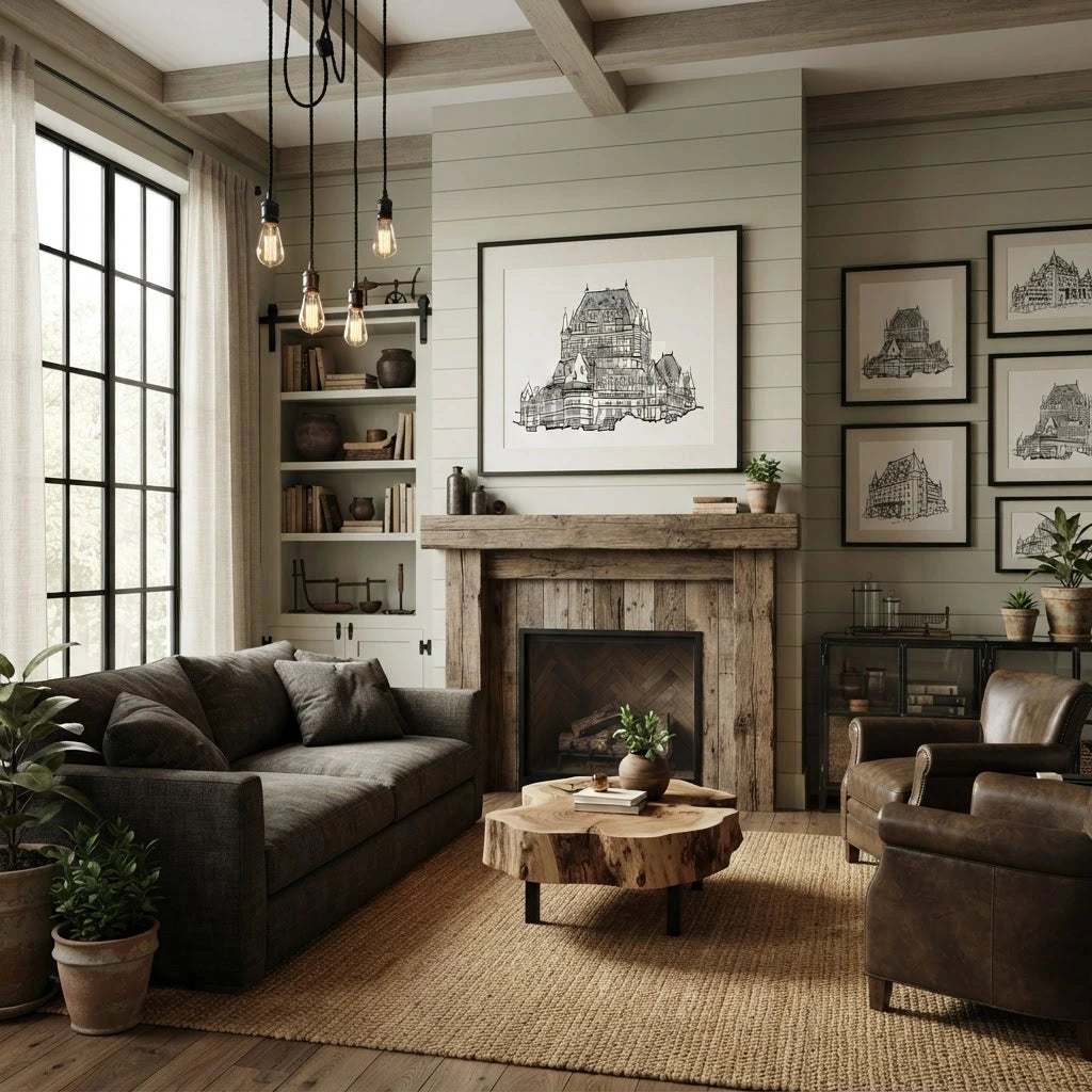 A styled living room interior featuring a dark gray fabric sofa, a rustic wood coffee table, a brown leather armchair, a natural jute rug, and a central wood-burning fireplace. The walls are light gray shiplap with black-framed architectural prints, and the space is illuminated by warm pendant lights and natural light from a large window.