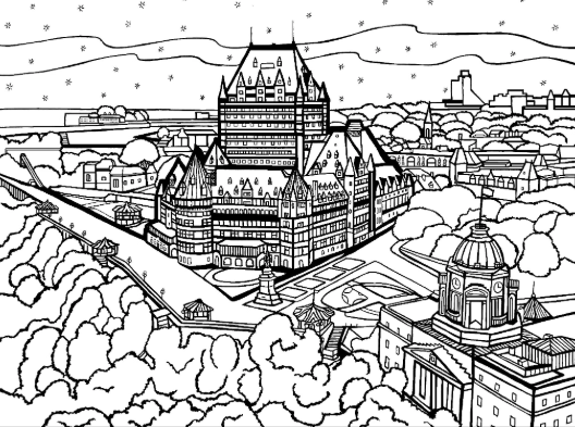 Free printable aerial-view coloring page featuring Château Frontenac, historic Old Québec buildings, gardens, trees and the St. Lawrence River