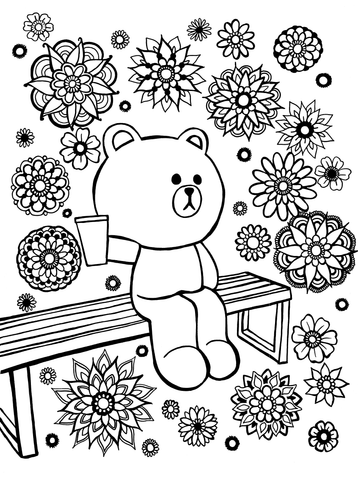 Free printable Tchin Tchin mascot coloring page featuring Dépanneur Shefford’s bear holding bubble tea among decorative flowers in Bromont: You-Color