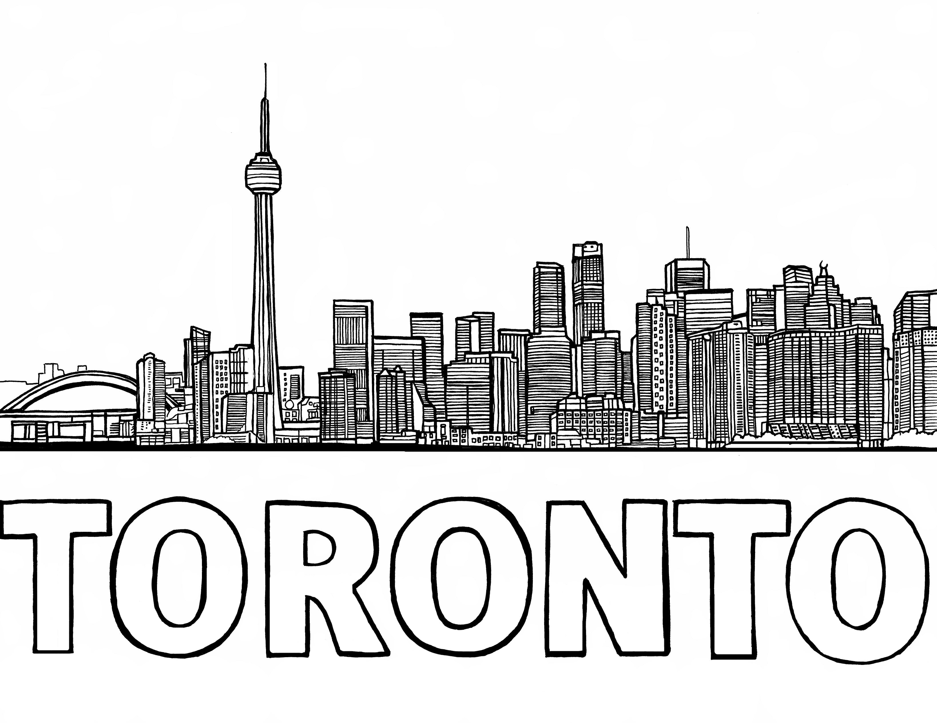 Free printable Toronto skyline coloring page featuring the CN Tower, Rogers Centre, downtown buildings and outlined Toronto lettering