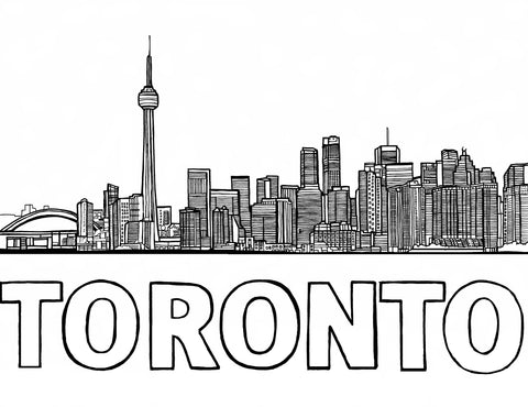 Free printable Toronto skyline coloring page featuring the CN Tower, Rogers Centre, downtown buildings and outlined Toronto lettering