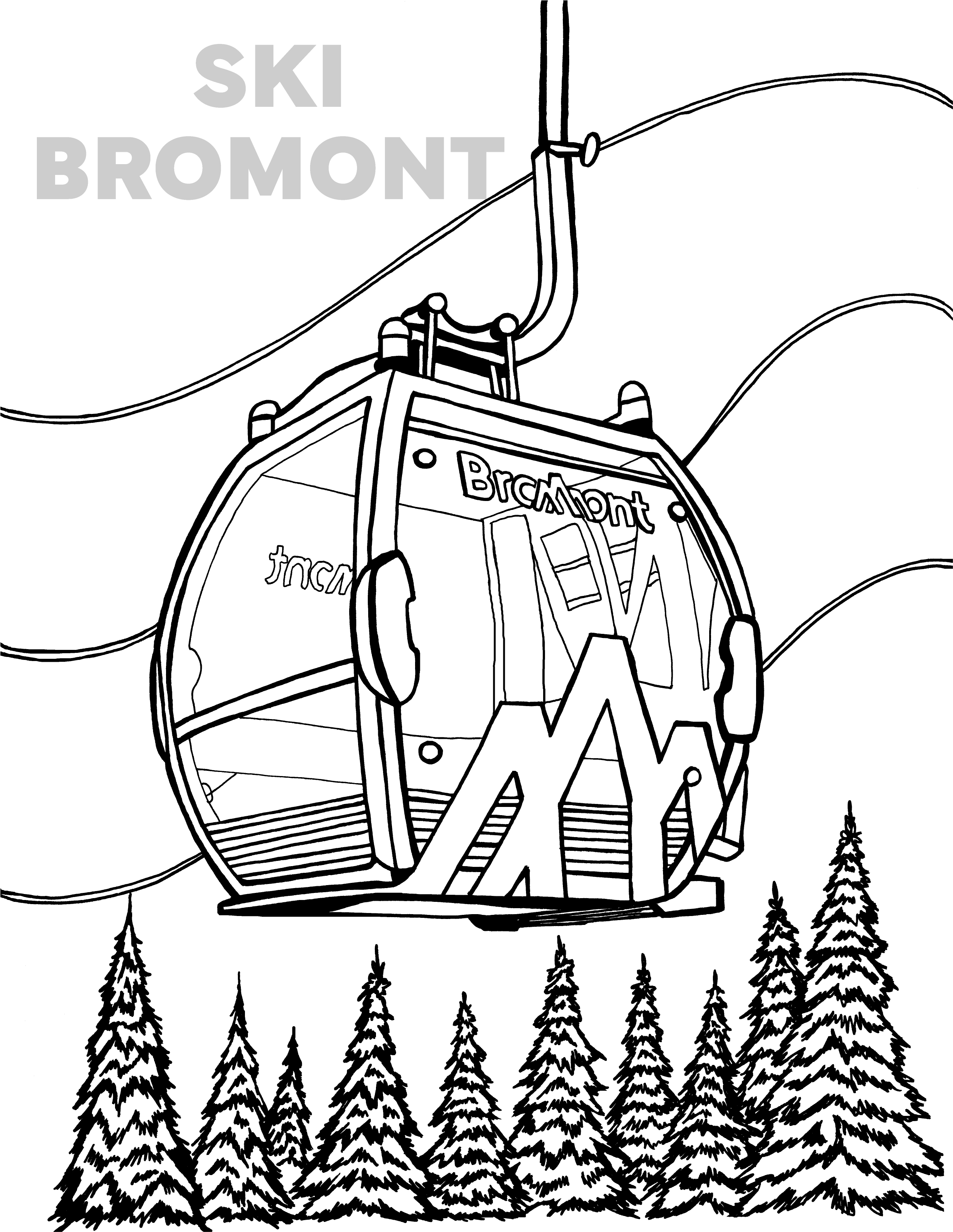 Free printable Ski Bromont gondola coloring page featuring a mountain cable car travelling above snow-covered evergreen trees in Québec: YouColor