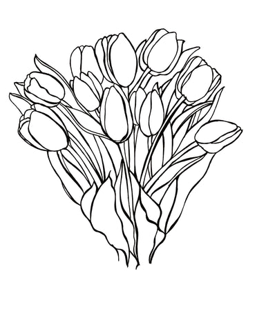 Free printable Netherlands tulips coloring page featuring a bouquet of Dutch tulip flowers with long stems and leaves: You-Color