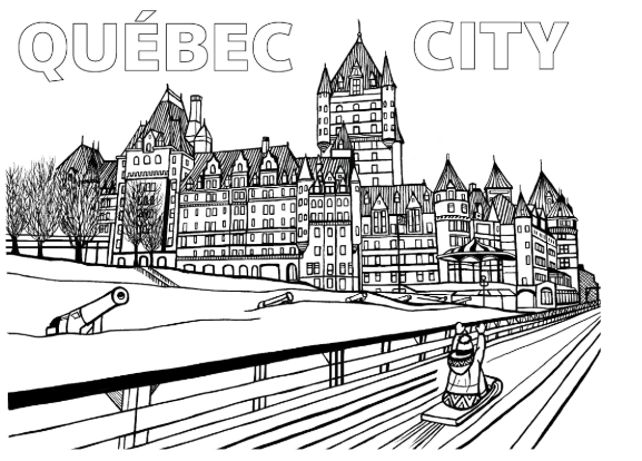 Free printable Québec City coloring page featuring a rider sliding down the Dufferin Terrace toboggan slide beside Château Frontenac: YouColor