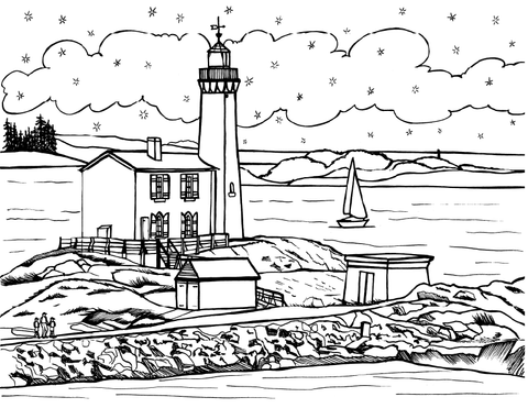 Black and white illustration of a lighthouse and coastal scene with a sailboat.: YouColor