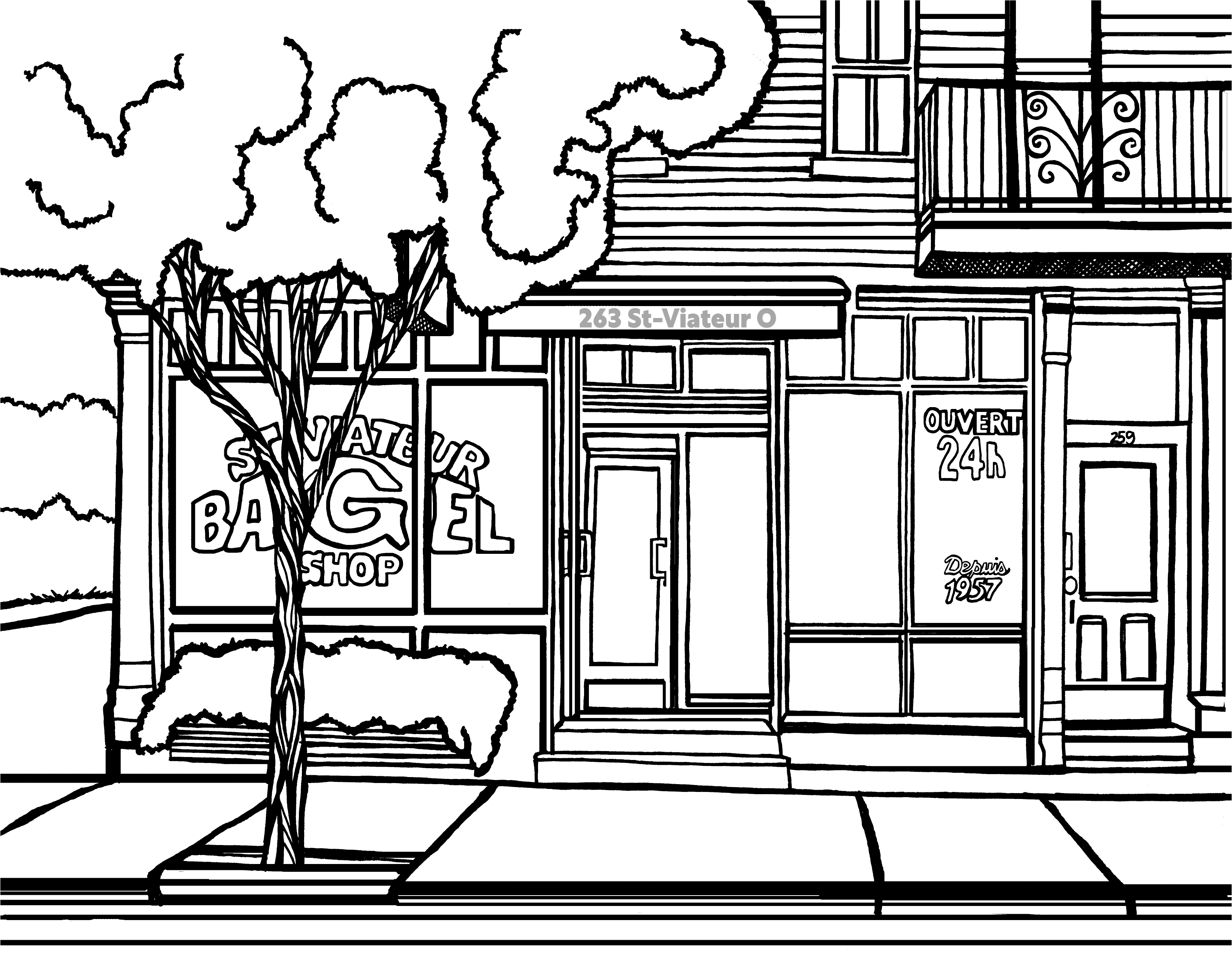 Free printable St-Viateur Bagel Shop coloring page featuring the original bakery storefront in Montreal’s Mile End neighbourhood: Youcolor