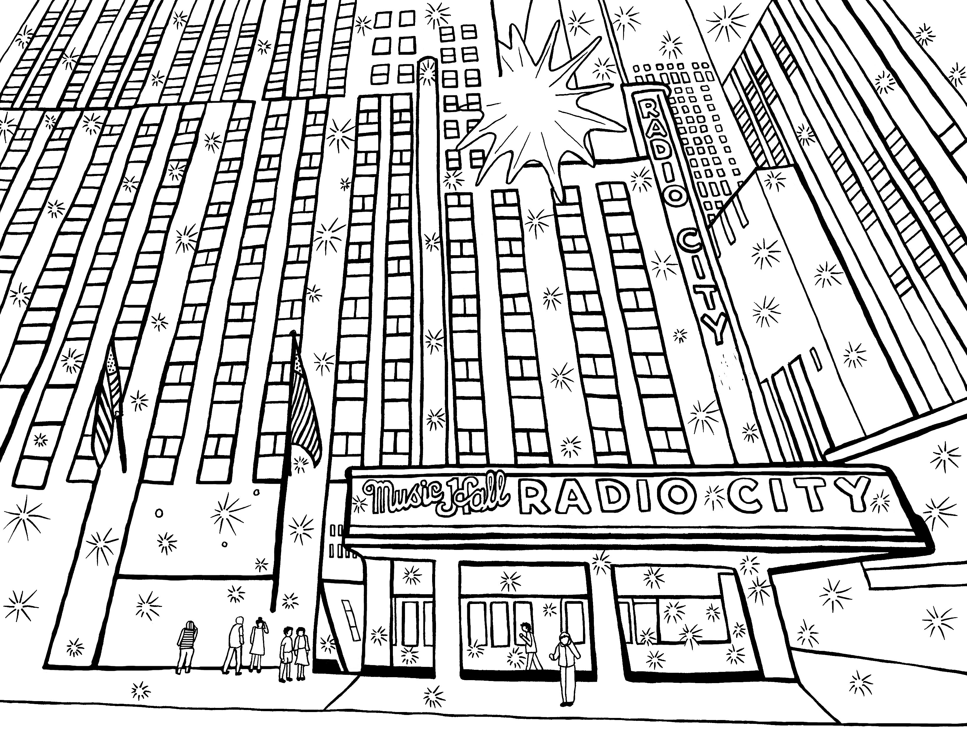 Free printable Radio City Music Hall New York coloring page featuring its famous marquee, vertical sign and surrounding skyscrapers: You-Color