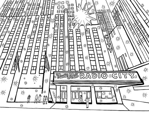 Free printable Radio City Music Hall New York coloring page featuring its famous marquee, vertical sign and surrounding skyscrapers: You-Color