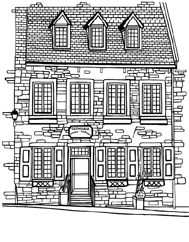 Free printable Géomania Old Québec coloring page featuring its historic stone façade, shuttered windows and dormer roof at Place Royale: You-Color