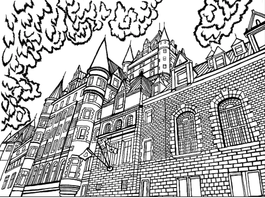 Free printable detailed side-view coloring page of Château Frontenac featuring brick walls, arched windows, turrets and steep roofs: YouColor