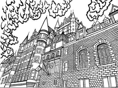 Free printable detailed side-view coloring page of Château Frontenac featuring brick walls, arched windows, turrets and steep roofs: YouColor