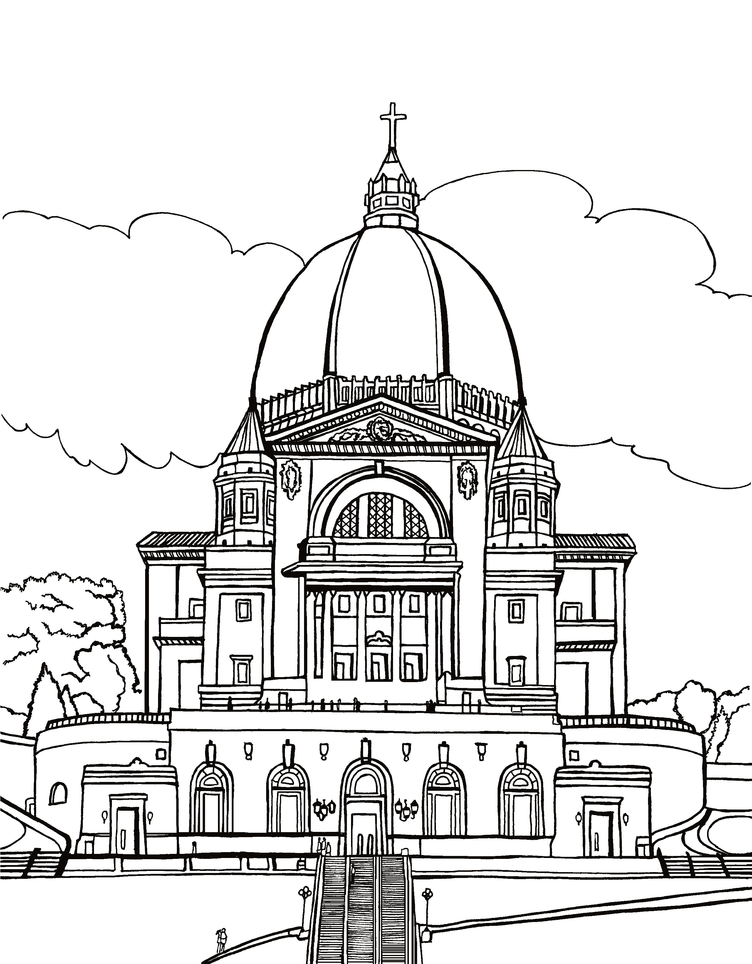 Free printable Saint Joseph’s Oratory Montréal coloring page featuring its immense dome, cross, classical façade and grand staircase: You-Color