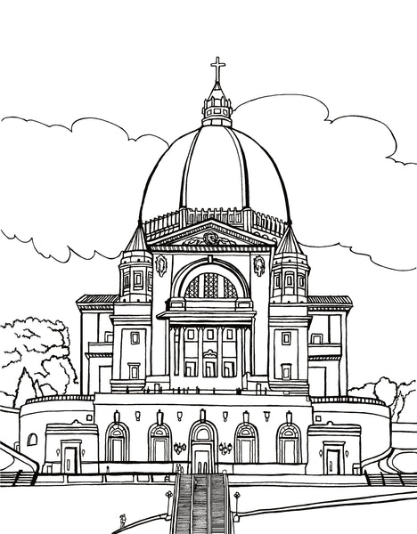 Free printable Saint Joseph’s Oratory Montréal coloring page featuring its immense dome, cross, classical façade and grand staircase: You-Color
