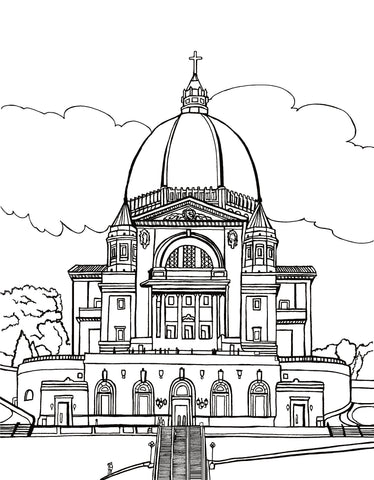 Free printable Saint Joseph’s Oratory Montréal coloring page featuring its immense dome, cross, classical façade and grand staircase: You-Color