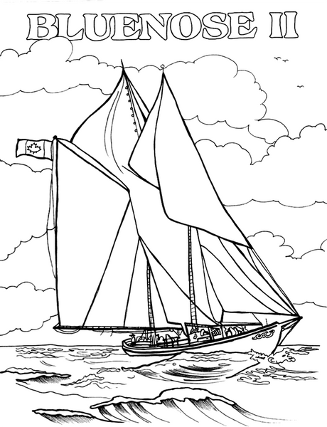 Free printable Bluenose II coloring page featuring the famous Nova Scotia sailing schooner at sea: You-Color