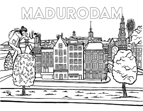 Free printable Madurodam Netherlands coloring page featuring a visitor admiring miniature Dutch canal houses and landmarks: You-Color