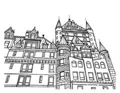 Free printable Château Frontenac side-view coloring page with detailed towers and the words Québec Je t’aime: YouColor