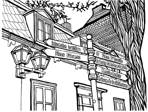 Free printable Old Québec City coloring page featuring tourist direction signs, historic façades, traditional lanterns and a large tree: YouColor