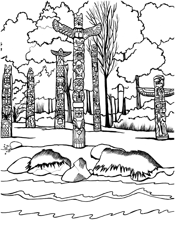 Free printable Museum of Anthropology Vancouver coloring page featuring carved poles beside water : Youcolor