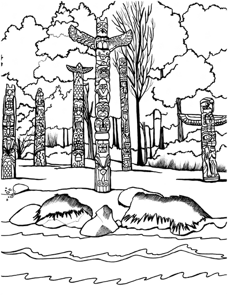 Free printable Museum of Anthropology Vancouver coloring page featuring carved poles beside water : Youcolor