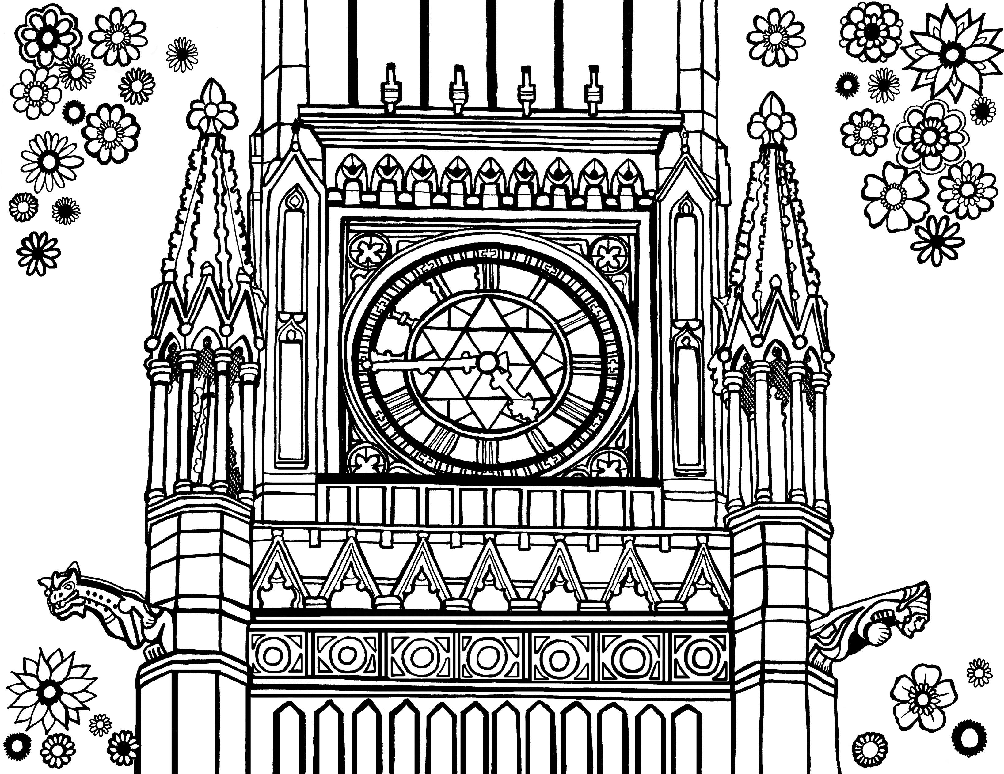 Free printable Peace Tower clock coloring page – hand-drawn close-up of Ottawa Parliament Hill clock face with Gothic Revival pinnacles, gargoyles and floral border – digital download for kids & adults, mindfulness colouring, Canada civics craft. Youcolor